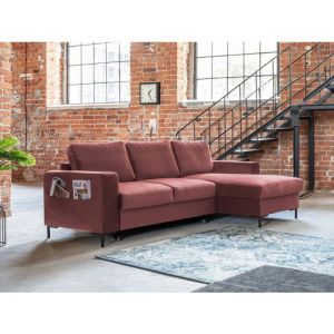 Lilly - Canapé d'angle droit - 4 places - convertible avec coffre - en velours - Rose