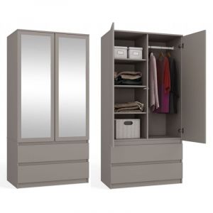 TURIN - Armoire 2 portes avec miroir style moderne chambre à coucher - 90x50x180 - 2 tiroirs - Gri