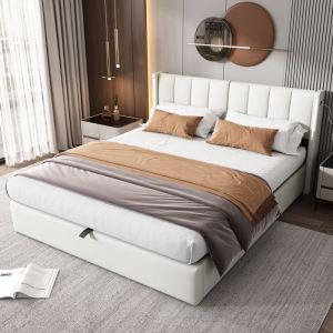Lit coffre 140x200 cm, lit adulte, lit double capitonné avec rechargeable port usb, éclairage led, pu, blanc, sans matelas
