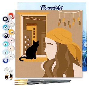 Mini peinture au numéro : Femme et son Chat à la Fenêtre - toile tendue sur chassis