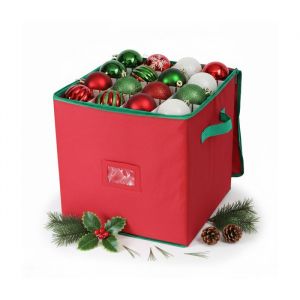 Relaxdays Bo&icirc;te de Rangement pour Boules de No&euml;l, 64 Boules, H x L x P : 33 x 33 x 33 cm, Polyester, Carton, Rouge/Vert