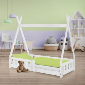 Lit d'Enfant Tipi Blanc avec Protection Contre les Chutes en Bois de Pin Massif 140x70 cm Sommier á Lattes et Grille de Sécurité Style Maison Lit