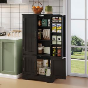 Buffet de cuisine 60x40x120cm - avec capteur de lumi&egrave;re LED - avec 4 portes - avec &eacute;tag&egrave;res - Noir