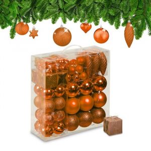 Relaxdays Boules de Noël, lot de 110, en plastique, D : 6 cm, décoration de sapin, avec guirlande, orange