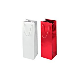 Fackelmann 49719 Lot de 2 pochettes cadeau pour bouteille de vin ou de champagne, sac cadeau en papier métallisé, Papier métallisé, Couleurs aléatoires rouge noir ou blanc, 31 x 10 cm