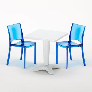 Image de Grand Soleil Table et 2 chaises colorées polycarbonate extérieurs CAFFÈ | B-Side Bleu transparent - Blanc