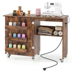 Bureau Pliante avec Station de Charge, Table de Couture Pliable avec Étagère et Tiroirs, Armoire à Roulettes Verrouillables, 116 x 41 x 78 cm, Brun