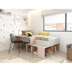 Lit combiné 90 x 200 cm avec rangements et bureau - Coloris : Naturel et rose + Sommier - RIGALI