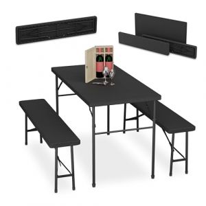 Relaxdays Ensemble Table Pliante et 2 bancs, pour Jardin, pavillon ou Camping, 120 cm, Aspect rotin, Noir
