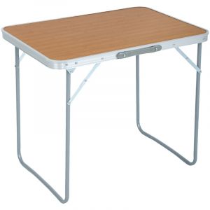 La table de camping pliante en aluminium imitation bois, dimensions : L70 x H60 x P50 cm