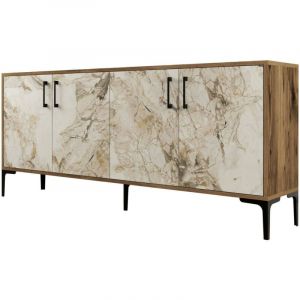 Buffet effet bois beige, marbre blanc 180x35 cm