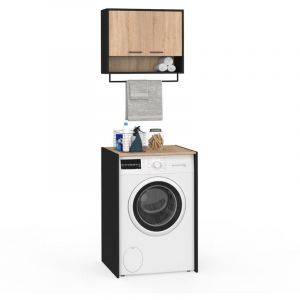 Idmarket Ensemble meubles de buanderie WALLIS noir et hêtre pour machine à laver