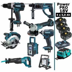 Image de Makita Pack Power PRO 8 outils 18V: Perceuse DDF458 + Perfo DHR202 + Meuleuse DGA504 + Visseuse à choc DTD152 + Scie circulaire DSS610