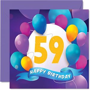 Carte d'anniversaire de 59 ans pour homme et femme – Fête en ballon – Cartes d'anniversaire pour homme de 59 ans, maman, papa, tante, oncle, grand-père, grand-mère, frère, sœur, 145 mm x 145 mm
