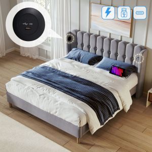Lit adulte Lit adolescent capitonné 140 x 200 cm avec chargement usb Type c et sommier à lattes, lin, gris
