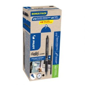 Pilot Clicker Stylo roller rétractable encre gel effaçable pointe moyenne 0,7 mm - Noir - Pack de 12 stylos + 12 recharges