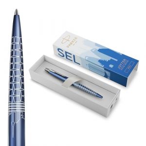 Parker Stylo bille Jotter | Édition spéciale | Bleu Séoul avec finition chrome | Pointe moyenne | Encre bleue | Coffret cadeau géométrique