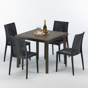 Image de Grand Soleil Table carrée et 4 chaises colorées Poly rotin resine 90x90 marron | Bistrot Anthracite noir