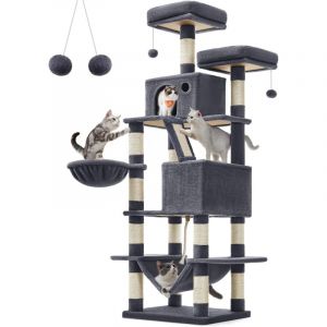 Arbre à Chat, Hauteur 168 cm, avec 13 Griffoirs, 2 Plate-forme, 2 Niches, Panier, Hamac, Pompon, Tissu Peluche, Multi-niveaux pour Chat d'Intérieur,