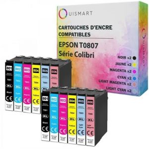 Ouismart 12 Cartouches D'Encre Compatibles T0807 Pour Epson T0801 T0802 T0803 T0804 Stylus Photo R265 R360 R285 Rx585 Colibri