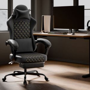 MODFU Chaise de bureau avec repose-pieds, chaise gaming en PU, dossier r&eacute;glable, design ergonomique - capacit&eacute; de charge de 150 kg, Noir