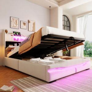 Lit coffre, 140x200 cm, lit double adulte avec prise usb-c, &eacute;clairage led et chevet de rangement, tissu en lin beige, sans matelas