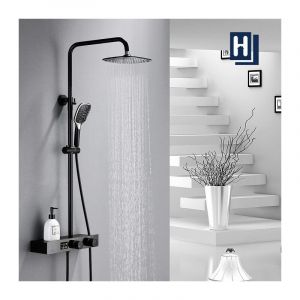 Image de Umi Colonne de Douche avec Plateau de Rangement Ensemble de Douche Écran LCD Affichage Digital Température et Temps Kit de Douche Noir Hauteur Réglable