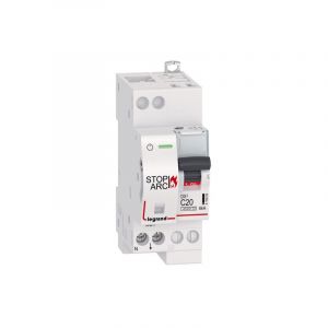 Legrand Disjoncteur DX STOP ARC 4500 6kA arrivée haute auto et sortie basse borne à vis 1P+N 230V~ 20A courbe C 2 modules (415902)