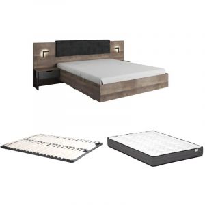 Lit avec chevets 160 x 200 cm - Avec LEDs - Coloris : Naturel et anthracite + Sommier + Matelas - LAONILE