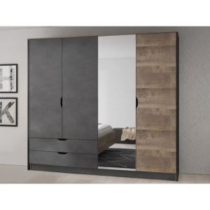Armoire 4 portes et 2 tiroirs - Avec miroir - L220 cm - Coloris : Naturel et anthracite - LAONILE