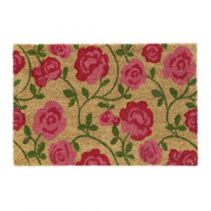 Relaxdays Paillasson coco, motif de roses, tapis de porte 40x60 cm, intérieur, extérieur, antidérapant, rose vif/nature