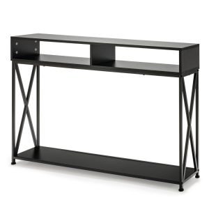 Table console Coast - 2 compartiments de rangement 1 &eacute;tag&egrave;re ouverte - 120 x 23 x 79 cm - Noir - Acier+bois