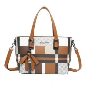 Sac Cabas pour Femme à Carreaux avec Nœud Breloque Décoratif et Bandoulière Gallantry Marron