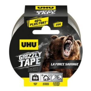UHU Grizzly Tape - Ruban Adh&eacute;sif Toil&eacute; Waterproof - En PE Extrud&eacute; - Fixation Extra-Forte & Durable - Usage Int&eacute;rieur/Ext&eacute;rieur - Se D&eacute;chire &agrave; la Main - Ruban Noir de 25 m x 50 mm