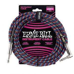 Ernie Ball Câble pour instrument droit / angle tressé de 25 ' - Noir / Rouge / Bleu / Blanc