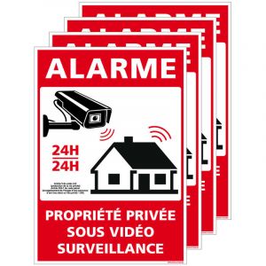 Panneau Alarme - Propriété Privée sous Vidéo Surveillance 24h/24 avec Loi. G1651. Sticker alarme, panneaux pvc, alu - Adhésif - 75 x 105 mm - Adhésif