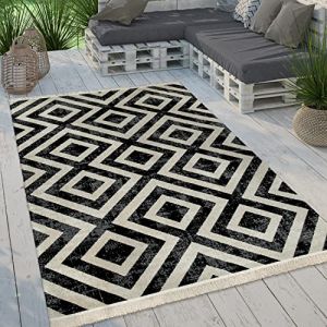 Paco Home - Tapis Intérieur & Extérieur Tissé à Plat Motif Losanges Moderne Pour Terrasse Et Balcon 200 cm rond, Noir-Blanc