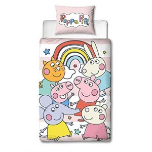 Character World Peppa Pig and Friends Parure de lit Officielle pour lit Simple | Motif coloré ludique réversible Double Face avec taie d'oreiller Assortie | Polycoton