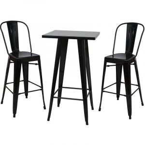 D&eacute;coshop26 Ensemble table haute avec 2 tabourets de bar en m&eacute;tal noir style industriel TAB04009