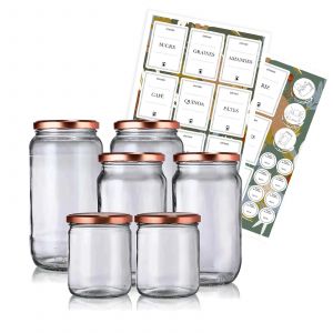 6 bocaux en verre recyclé couvercles cuivre avec étiquettes