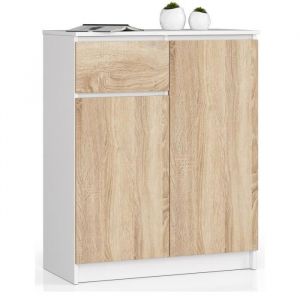 Commode AKORD K80 Blanche 80 cm 2 portes 1 tiroir façade Chêne Sonoma 4 étagères 80x40x99 cm
