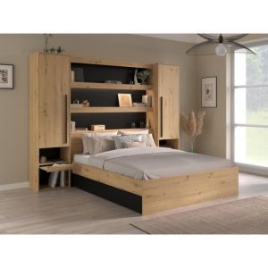 Lit pont 160 x 200 cm avec rangements - Avec LEDs - Coloris : Naturel et noir + Sommier + Matelas - varly