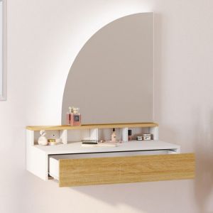 Idmarket Coiffeuse suspendue ZELIA miroir LED avec 4 niches, 1 tiroir bois et blanc