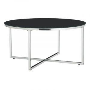 Homy France - Table basse ronde lorie chrome plateau en verre marbré Noir D90 cm
