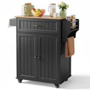 Desserte de Cuisine &agrave; Roulettes 3 Niveaux Meuble de Rangement Mobiles avec Placard Tiroir Porte-Epices Porte-Serviettes Noire - Bealife