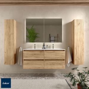 Planetebain Meuble salle de bain - 120 cm - Plan double vasques céramique - Effet chêne brut - A suspendre - KARAIB