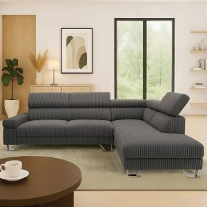 Canap&eacute; d'angle &agrave; droite avec t&ecirc;ti&egrave;res relevables Quentin Velours c&ocirc;tel&eacute; Gris