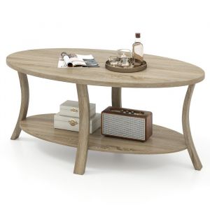 Table Basse Ovale à 2 Niveaux avec Étagère de Rangement, Table Basse en Bois d'Hévéa, Table de Salon Rustique pour Maison, Bureau, Naturel