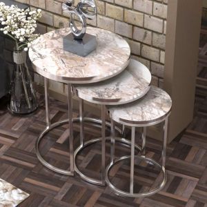 Set de 3 tables d'appoint Bornholm rondes gigognes marbre blanc argent