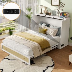 Lit escamotable 140 x 200 cm - avec prise USB et prise secteur - blanc (matelas non inclus)